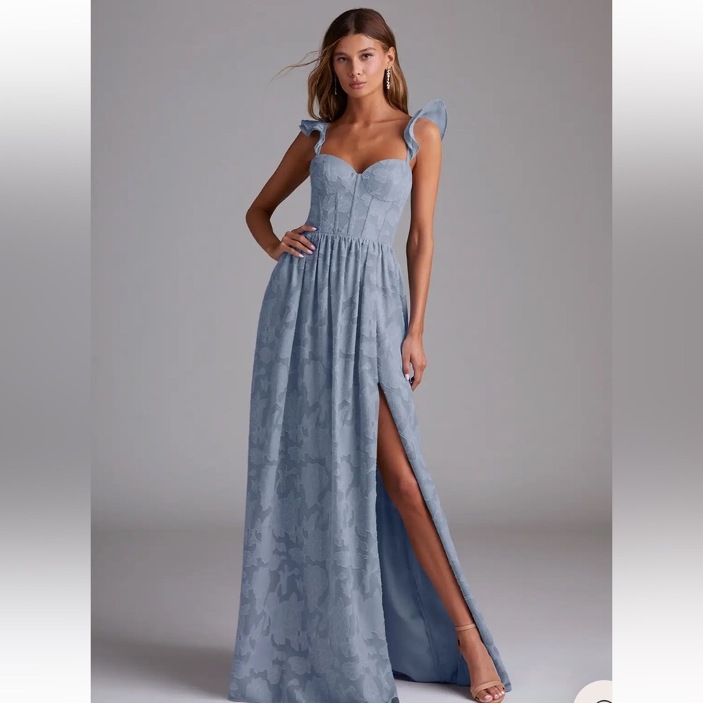 Azazie dusty blue Denisse A-Line Ruched Floral Burnout Dress